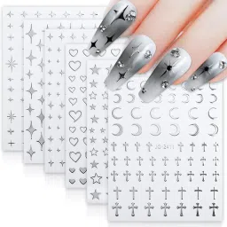 Y2K Sweet Chic Silver Star Heart Nail Art Decals 6 Sheet Self Adhesive Stickers-image-59