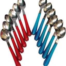 Dining Table Spoon 12-Pieces Set for Kitchen and Dining Table Steel with Shiny Red And Blue Plastic Handle Spoon Set for Home and Kitchen (Set of 12) Steel Table Spoon Set Stainless Steel, Plastic Table Spoon, Dessert Spoon Set-12