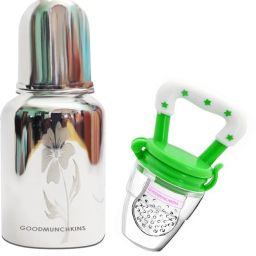 Stainless Steel Feeding Bottle 150 ml -304 Grade Steel Join Less with Silicon Fruit Nibbler/Feeder Green BPA Free for Infants 1 Bottle + 1 Fruit Feeder - 150 ml-image-6