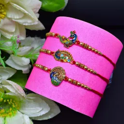 meira jewellery Designer rakhi-with-chocolate-144 Gold Finish Rakhi, Greeting Card, Chawal Roli Pack Set image 2
