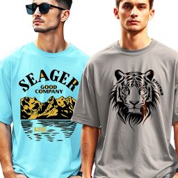 Men Printed Round Neck Cotton Blend Grey, Light Blue T-Shirt-image-28