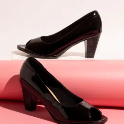 Women Black Peep Toe Block Heel Pumps Corporate Casuals For Women-image-1