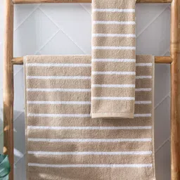 Home Centre Colour Refresh Essense 2Pcs Beige & White Striped Cotton Soft Hand Towels-56