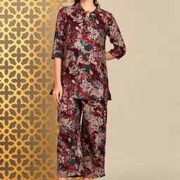 Anouk Maroon Floral Printed Tie Up Neck Tunic & Trousers-image-45
