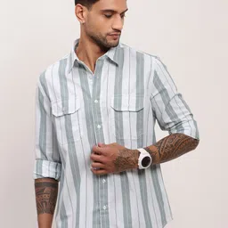 SHOWOFF Men Comfort Slim Fit Spread Collar Vertical Striped Cotton Casual Shirt-image-18