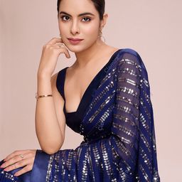 CLEMIRA Striped Embellished Sequinned Pure Georgette Saree-picture-8