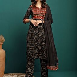 BANDIA Ethnic Motifs Printed Mirror Work Pure Cotton Kurta with Trousers & Dupatta-image-27