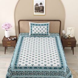 Myntra Elegant Homes White & Green Floral Cotton 210 TC Single BedsheetSet 1.52 m x 2.28 m-picture-13