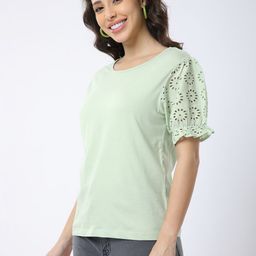 R&B Women Round Neck Crochet Detaling Cotton Top-picture-34