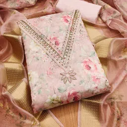 Panzora Floral Printed Beads And Stones Unstitched Dress Material-image-9