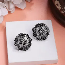 NVR Women Silver Plated Oxidised Floral Design Stud Earrings-41