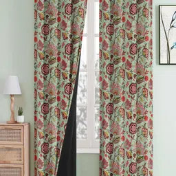 Cloth Fusion Green & Red 2 Pieces Floral Printed Black Out Silk Window Curtain-3