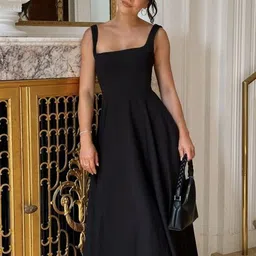 LULU & SKY Women Solid Black Square Neck Fit & Flare Midi Dress-picture-40