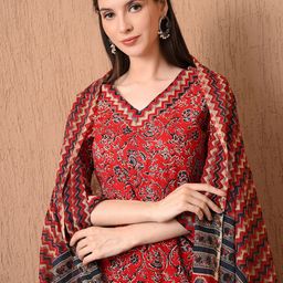 Anouk Rustic Floral Printed V-Neck Pure Cotton Straight Kurta With Trousers & Dupatta-picture-25