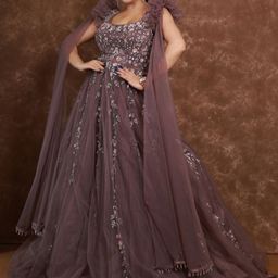 Olive Embroidered V-Neck & Sleeveless Net Ball Gown Dress-image-34