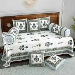 Myntra Elegant Homes 8-Pcs White & Green Floral Printed Cotton Diwan Set-55