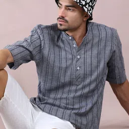 FILORI STUDIO Striped Band Collar Pure Cotton Short Kurta-image-73