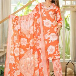 WILL BOTTOM Women Floral Printed Regular Pure Cotton Kurta with Trousers & With Dupatta-image-85
