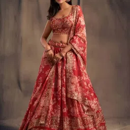 MISS CLOTHING Embroidered Thread Work Kalamkari Organza Ready to Wear Lehenga Choli-picture-3