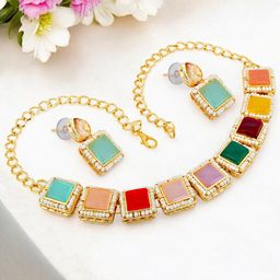 LUCKY JEWELLERY Gold-Plated Stone Studded & Beaded Jewellery Set-image-91