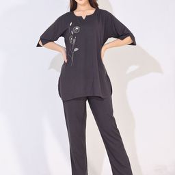 Arela Floral Embroidered Notched Round Neck Linen Tunic With Trousers-image-30