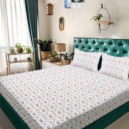 KLOTTHE White Floral 300 TC Cotton Blend Double Bedsheet in Book Fold Packing-image-84