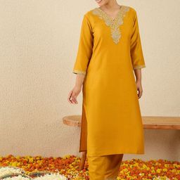 Indo Era Embroidered V Neck Top With Trousers Co-Ords-image-98