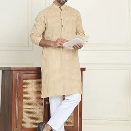 Anouk Beige Striped Woven Design Mandarin Collar Straight Kurta With Pyjamas-image-34