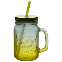 Ceradeco Set of 2 Yellow Frosted Coloured Mason Jar With Metal Lid & Straw 480 ml Each image 5