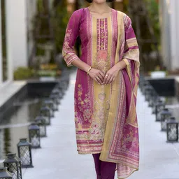 DIVASTRI Women Floral Embroidered Silk Kurta with Trousers & Dupatta-image-39