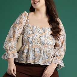 DressBerry Floral Print Bell Sleeve Georgette Peplum Top-image-93