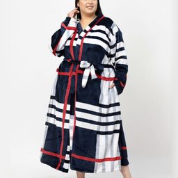 KLOTTHE Plus Size Navy Blue & White Striped Bath Robe With Belt-picture-14