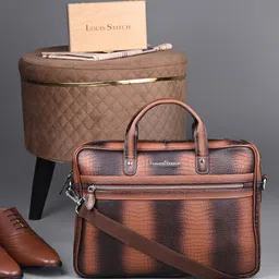 LOUIS STITCH 
Men Textured Leather Dual Tone Laptop Bag-image-78