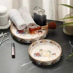 Set of2 Round Blue Elephant Design Serving Tray for Festive Gift 9x9 & 7x7Inches Tray-45