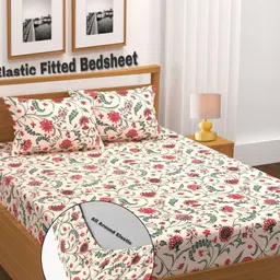 AMRANGE Cream & Red Printed Fitted Microfiber 210 TC Double King Bedsheet Set 1.8m x 1.9m-picture-6