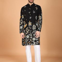 SHUBHVASTRA Floral Embroidered Mandarin Collar Sequinned Straight Kurta-28