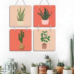 OLIVE TREE Pack Of 4 Red & Pink Printed Wooden Wall Hangings-29