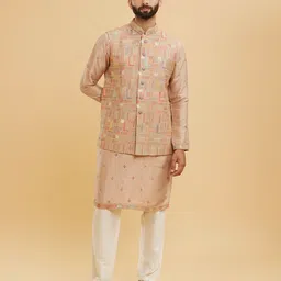 Twamev Geometric Embroidered Mandarin Collar Straight Kurta With Trouser & Nehru Jacket-image-24