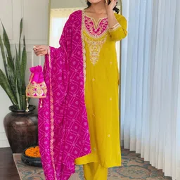 KALINI Floral Embroidered Notch Neck Straight Kurta With Trousers & Dupatta-picture-39