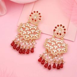 Brado Jewellery Gold-Plated Kundan Studded & Pearls Beaded Contemporary Drop Earrings-18