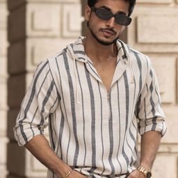 Powerlook Men Vertical Striped Hooded Casual Shirt-image-9