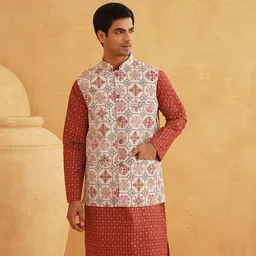 SOJANYA Men Floral Printed Regular Thread Work Linen Kurta with Churidar-7