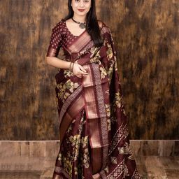 KALINI Floral Printed Zari Saree with Unstitched Blouse Piece-image-24