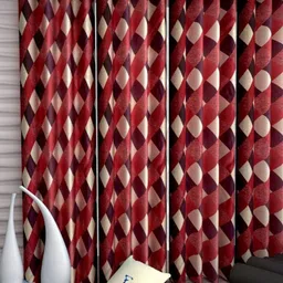 BELLA TRUE Maroon & Cream 4 Pieces Geometric Ripple Fold Window Curtains-16
