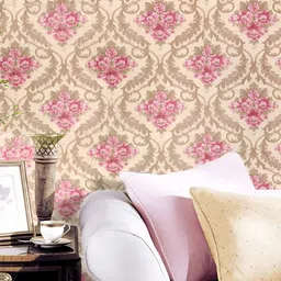 INDIAN ROYALS Cream & Pink Printed Damask Self-Adhesive Peel & Stick Waterproof Wallpaper-image-34
