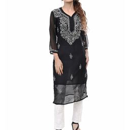 BEAUTY CHIKAN HANDICRAFTS Ethnic Motifs Embroidered Mirror Work Georgette Straight Kurta-image-90