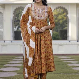 KALINI Floral Printed Thread Work Pure Cotton Anarkali Kurta With Trouser & Dupatta-16
