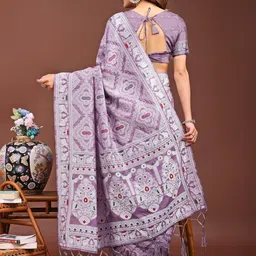 KALINI Lavender Linen Blend Printed Sarees-image-4