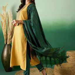 Anouk Rustic Floral Woven Design Sequinned Kurta With Trousers And Dupatta image 3