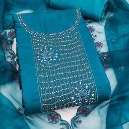 SAINOOR Embroidered Beads And Stones Pure Silk Semi-Stitched Dress Material-image-26